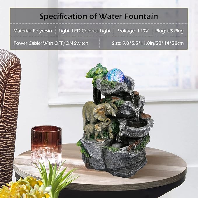 Dyna-Living Elephant Water Fountain Indoor Desktop Fountain Waterfall with Colorful LED Light Tabletop Water Fountain for Desk Office Relaxing Inside Water Feature