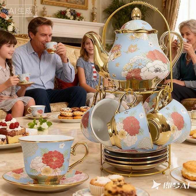 CHANJOON Gold Plated Red Rose Ceramic Tea Set, Vintage Tea Sets with Teapot, Beautiful Tea Set Coffee Serving 6 People (Green, X Large) - Bloomnest