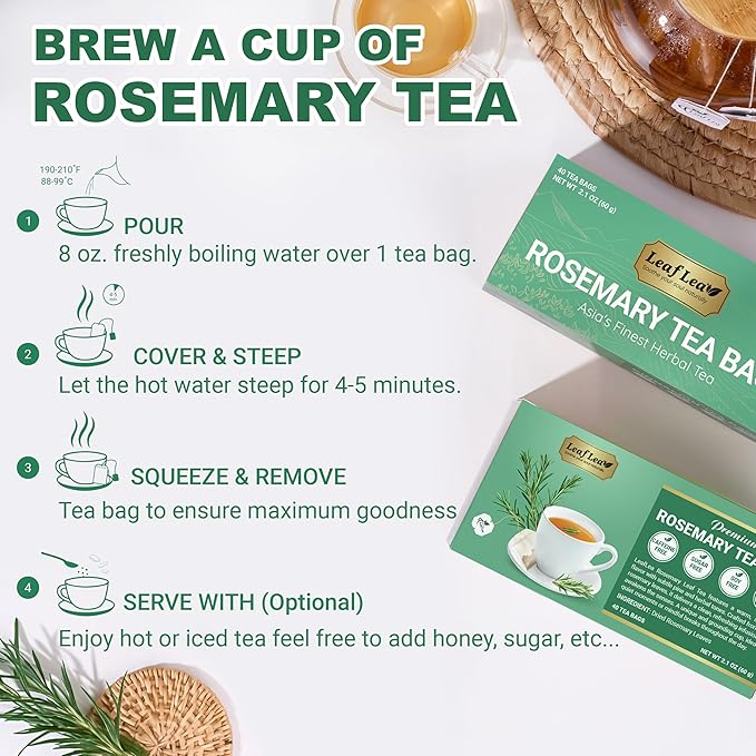 LeafLea 80 Rosemary Leaf Tea Bags, 100% Pure Rosemary Herbal Tea, Gentle Digestive Comfort & Relaxing, Te De Romero Featuring Subtle, Natural Flavor, Caffeine-Free, Sugar-Free, Non-GMO, Vegan - Bloomnest