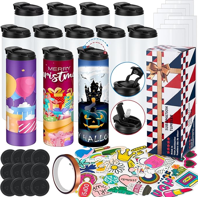 8 Pack 20 oz Sublimation Tumblers Dual Opening Blank Bottles Triple-Insulated Stainless Steel Water Bottle with Straw Lid Blank Tumbler Bulk with Shrink Wrap, Rubber Base, Heat Tape for Heat Transfer - Bloomnest