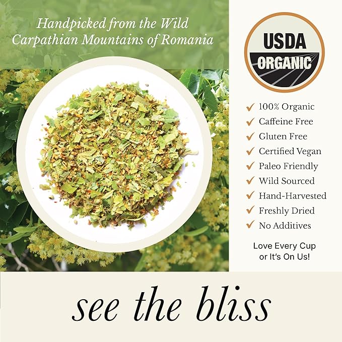 Wild Bliss Organic Linden Flower Tea - Caffeine Free Calming Herbal Tea - 75 Plant Based Tea Bags - Bloomnest
