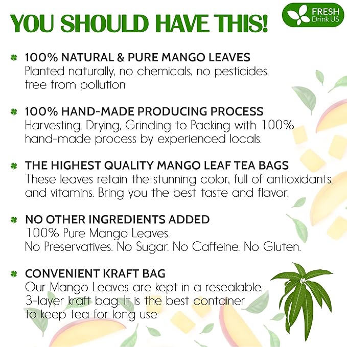 FreshDrinkUS, Premium 140+ Mango Whole Leaves Dried, 100% Natural & Pure from Dried Mango Leaves, Mango Leaf Tea, No Additives, No Caffeine, Vegan - Bloomnest