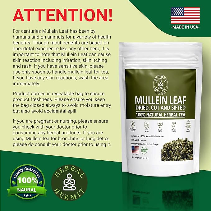 Herbal Hermit Mullein Leaf Tea (3 oz/85 grams) Herb for Respiratory Support, Mucous Membranes, Lung Cleanse Dried Leaves Blend, Cut and Sifted Made in USA - Bloomnest