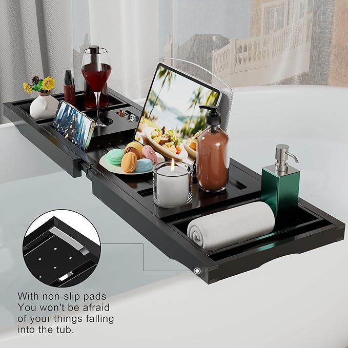 Bathtub Caddy Tray for Tub,Foldable Bath Table Trays,Bamboo Shelf with Book and Wine Glass Holder,Bathroom Accessories Suitable for Luxury Spa or Reading,Black - Bloomnest
