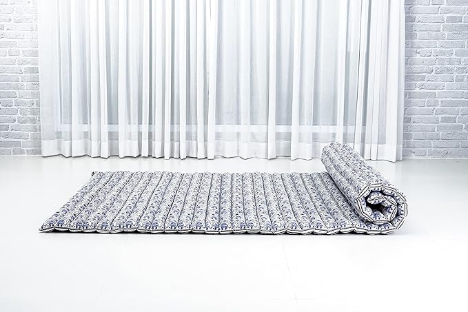 Leewadee - Kapok Roll Mat – Handcrafted Folding Sleep & Relaxation Mattress from Thailand, Ideal as Guest Bed, Camping Mat, Yoga Mat or Traditional Futon, 75 x 39 inches, Blue White - Bloomnest