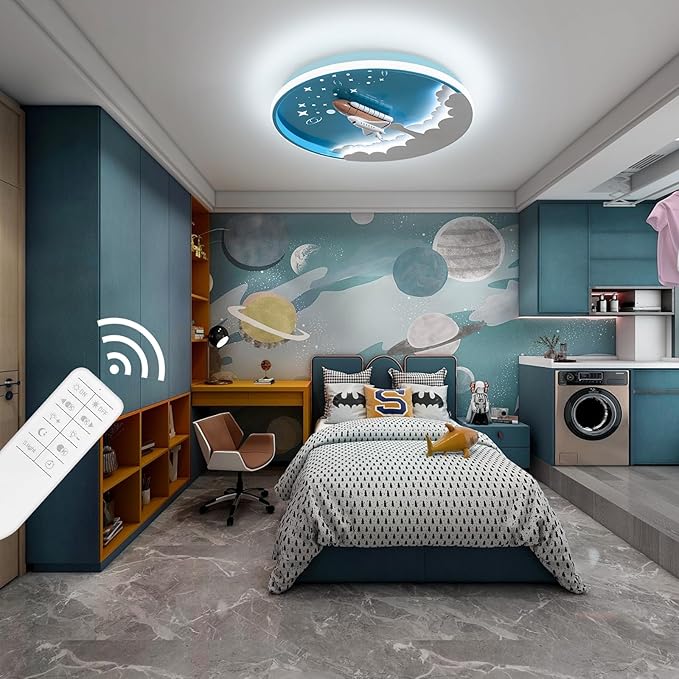 Modern Ceiling Light Fixtures Dimmable LED Kids Room Ceiling Lamp 20" Kitchen Ceiling Light with Remote Control 3000k-6000k Blue Cartoon Rocket Semi Flush Mount Ceiling Lights for Bedroom - Bloomnest