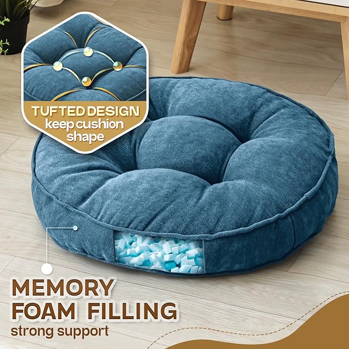Floor Pillow Set of 2, Memory Foam Floor Cushions for Adults, Large Round Meditation Pillow for Sitting, 22 x 22 Inches (Round | Navy)