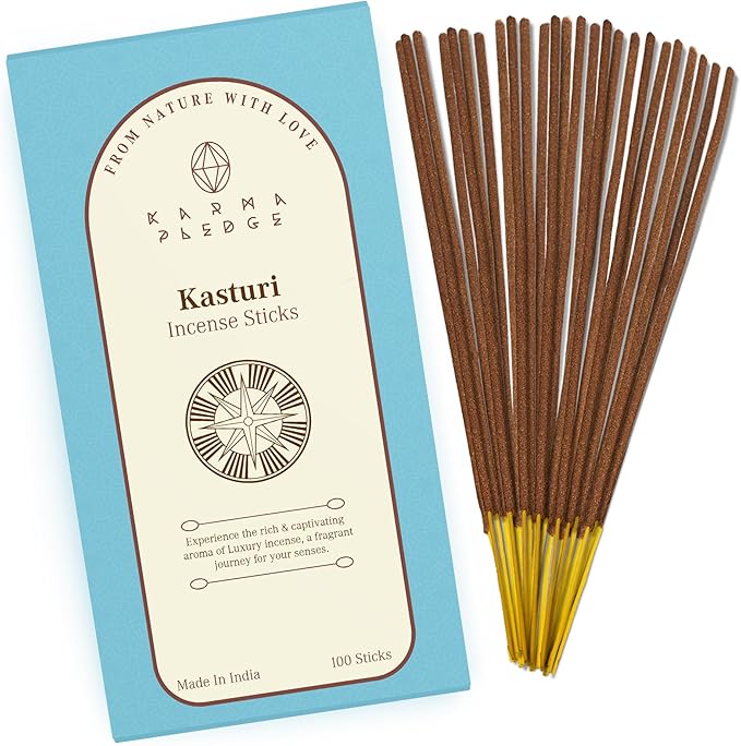 Kasturi Incense Sticks, Organic Hand Dipped 100 Sticks with Natural Herbs & Aromatic Ingredients, Burn Time 45 to 60 Minutes, Incense for Positivity, Yoga, Meditation, Relaxation, Spiritual Gift KARMAPLEDGE