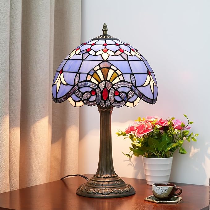Tiffany Lamp Stained Glass lamp 12 inches Bedside Table Lamps for Living Room Bedroom Dorm Kitchen Home Decor Festival Birthday Gift,Blue Baroque - Bloomnest