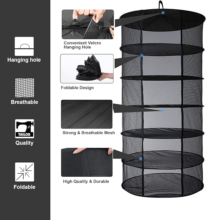 Desy & Feeci Herb Drying Rack Hanging, 6 Layer Collapsible Mesh Dry Net Herb Dryer with S Hang Buckle and Storage Bag, Black (Diameter 60 cm) - Bloomnest