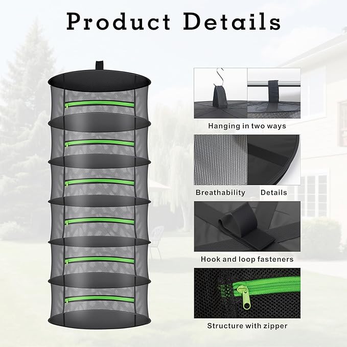 Herb Drying Rack with Mesh Design - Hanging Herb Dryer with Green Zipper for Garden, Home, Indoor or Outdoor Use (6layer) - Bloomnest