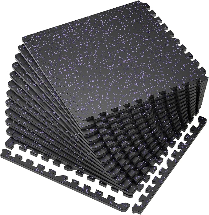 SUPERJARE 0.56'' Thick 12 Pcs 48 Sq Ft Rubber Top Exercise Equipment Mats, High Density EVA Foam Mats with Rubber Top, Interlocking Gym Flooring for Home Gym, Protective Workout Mat, Black/Purple - Bloomnest