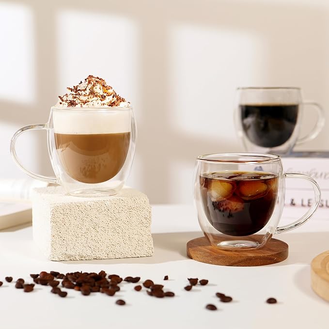 CNGLASS Double Walled Glass Coffee Mugs with Handle,12oz Insulated Glass Mugs with Handle,Clear Espresso Cups for Latte,Cappuccino,Tea Bag,Set of 2 - Bloomnest
