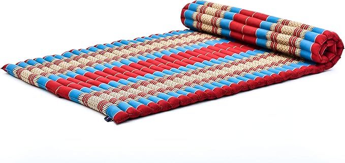 Leewadee - Kapok Roll Mat – Handcrafted Folding Sleep & Relaxation Mattress from Thailand, Ideal as Guest Bed, Camping Mat, Yoga Mat or Traditional Futon, 75 x 39 inches, Blue Red - Bloomnest