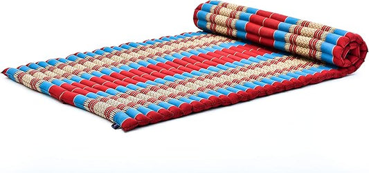 Leewadee - Kapok Roll Mat – Handcrafted Folding Sleep & Relaxation Mattress from Thailand, Ideal as Guest Bed, Camping Mat, Yoga Mat or Traditional Futon, 75 x 39 inches, Blue Red - Bloomnest