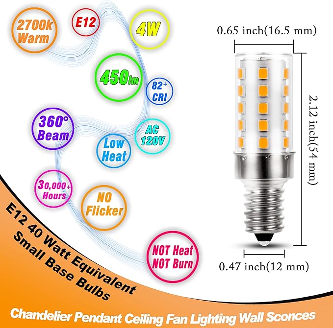E12 40 Watt Equivalent LED Light Bulbs 2700K Warm White 120Volt 450lm 4W T6 C7 E12 Small Base LED Candelabra Bulb for Chandelier Pendant Ceiling Fan Lighting Wall Sconces, Non-Dimmable, 4 Pack - Bloomnest