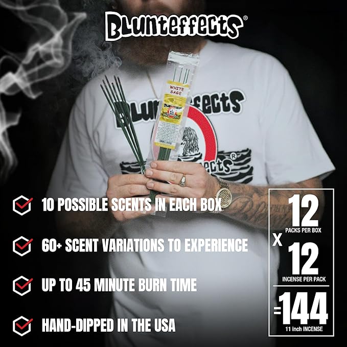 Blunteffects Hand-Dipped Incense Sticks - Premium 288-Pack Variety Set, 12 Different Scents, 11" Long, USA-Made Aromatherapy with Long Burn Time (12 Pack, 144 Total Sticks) Blunteffects