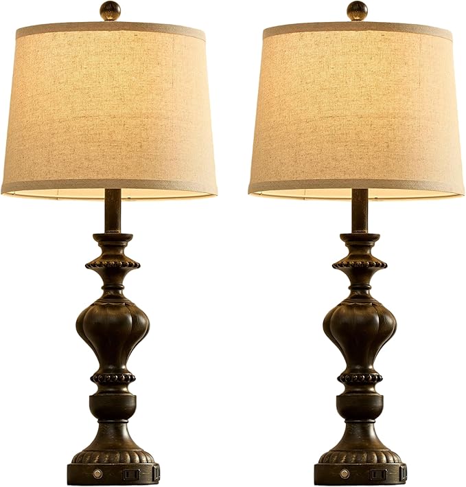 27.5" Farmhouse Table Lamps Set of 2 Bedside Lamp with USB C+A Ports & AC Outlet, 3 Way Dimmable Touch Lamps for Living Room Bedroom Office Hallway Rustic Nightstand Traditional Lamp - Bloomnest