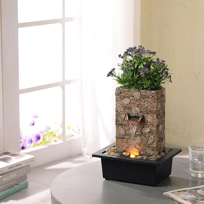 Kalona Tabletop Waterfall Fountain, Zen Fountain for Home Office Decor with LED Lights, Relaxing Indoor Water Feature with Realistic Stone Look for Meditation(23111) - Bloomnest