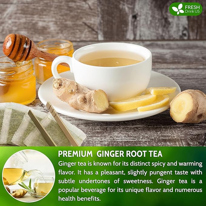 FreshDrinkUS, 150 Premium Ginger Tea Bags, Non GMO, 100% Natural & Pure from Ginger Root, Root Herbal Tea. No Sugar, No Caffeine, No Gluten, Vegan. Support Stronger Digestion, Pleasantly Spicy & Warming - Bloomnest