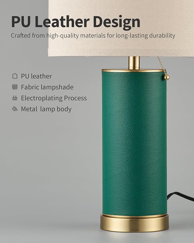 KDG 23.4" Green PU Leather Table Lamps for Living Room Set of 2, 3 Level Brightness LED Modern Home Decor Fabric Lampshade Desk Lamp Lighitng for Bedroom, Bedside, Farmhouse, Nightstand, Night Light - Bloomnest