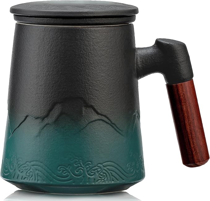 suyika Tea Cup with Infuser and Lid, 15.2 Ounce Wood Handle Ceramic Loose Leaf Mug Gradient Black&Green 450ml
