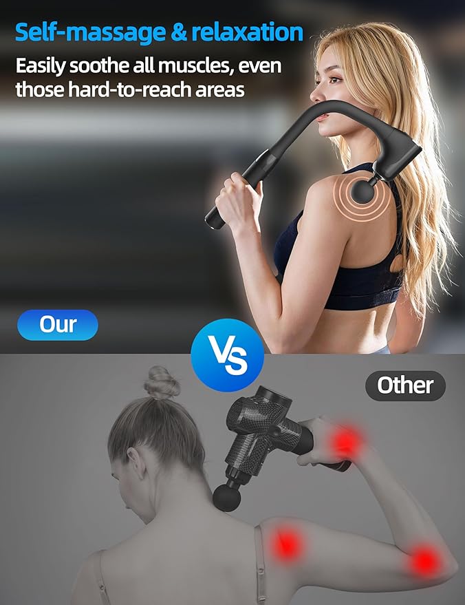 Massage Gun, Back Massager for Pain Relief Deep Tissue, Percussion Massage Gun with Extended Handle, 10MM Deep Percussion, Infinitely Adjustable Speed, 4 Replaceable Heads, Type-C Rechargeable - Bloomnest