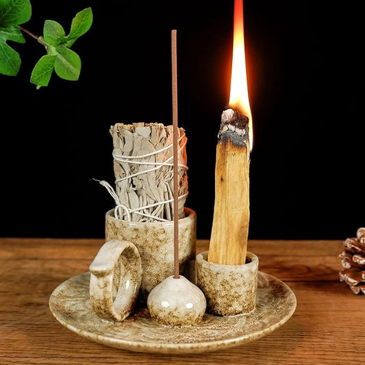 5.1Inch 5-in-1 Ceramic Smudge Bowl Brown - Incense Stick Holder, Small Candle Holder, Smudge Bowl/Dish, Fits Palo Santo, Sage.Zen Altar for Meditation/Yoga, Aromatic Scents, Easy to Clean - Bloomnest