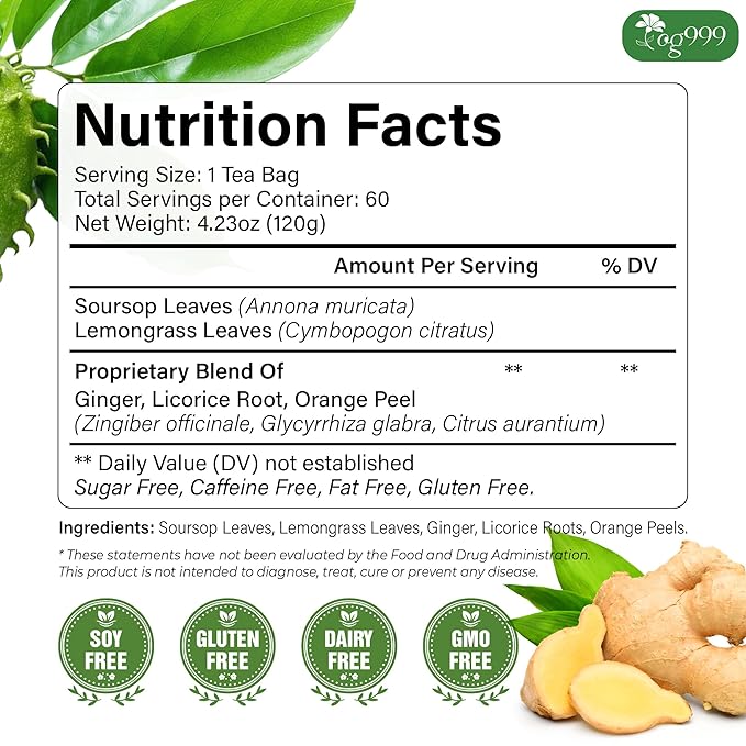TOG999, Premium Soursop Herbal Tea Bags | 60 Count | Loose Leaf Powder Blend with Soursop Leaves, Lemongrass, Ginger, Licorice Root & Orange Peel – Naturally Aromatic Herbal Tea. Vegan. Caffeine-Free (60 Bags Soursop Herbal Tea) - Bloomnest