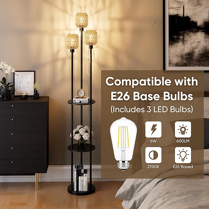 WIHTU 70" Boho Floor Lamp, Dimmable Rattan Floor Lamp with Shelves, 3 Lights Rustic Tall Lamps with Rotary Switch, Farmhouse Standing Lamps for Living Room, Bedroom，Office (Includes 3 Bulbs) - Bloomnest