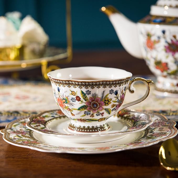 ACMLIFE Bone China Tea Cup and Saucer Set for 1, Vintage Floral Tea Cup with Saucer, Spoon and Gift Box, 6.8 oz (Pink-A) - Bloomnest