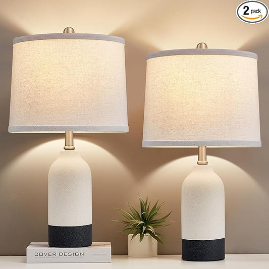 Luvkczc Modern Ceramic Lamps for Bedrooms Set of 2, 3-Color Temperature Table Lamp Bedside Nightstand Desk Reading Lamp with Fabric Drum Shade for Bedroom, Living Room, 2 Bulbs Included (21.4") - Bloomnest