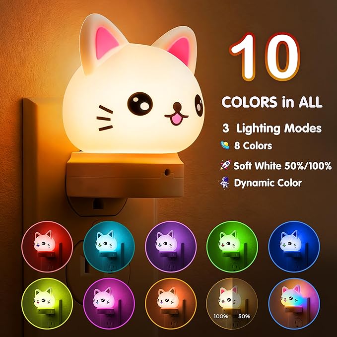 L LOHAS LED Plug in Night Light for Kids, 3D Cute Cat Night Lights with Dusk to Dawn Sensor, RGB+Soft White 3000K Cat Night Light, Christmas Birthday Gift Nightlight for Kids, Room Decor - Bloomnest