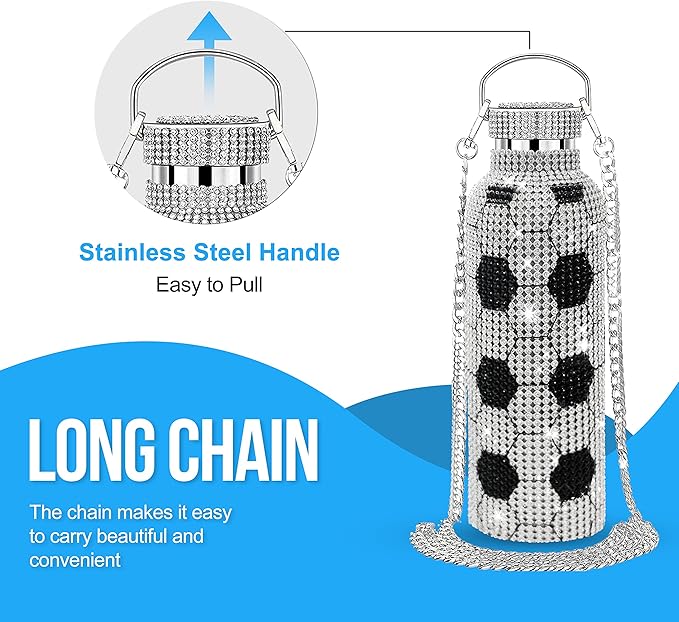 Liquid TuNes Soccer Bling Water Bottle Stainless Steel Thermal Bottle, Insulated Refillable Glitter Water Bottle with Chain, Great Gift Idea for Girls(500ml/16.9 oz) - Bloomnest