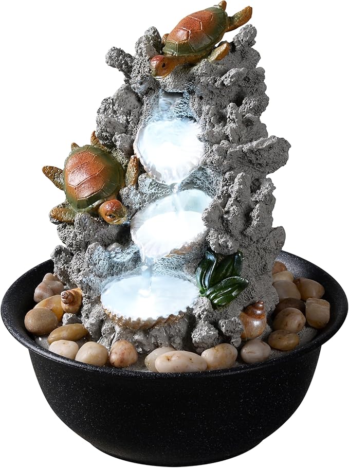 Indoor Tabletop Turtle Water Fountain with LED Light – Coastal Sea Life Desk Waterfall Feature with Soothing Sounds and River Rocks, Ocean Zen Decor for Home Office - Bloomnest