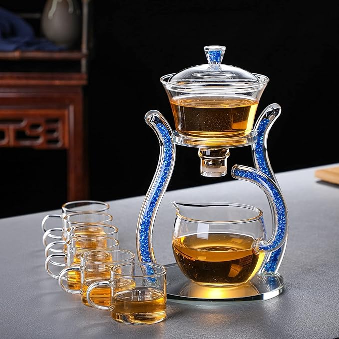 RORA Glass Teapot Set Semi Automatic Drip Rotating with Infuser Lazy Kungfu Tea pot Set (Blue) - Bloomnest