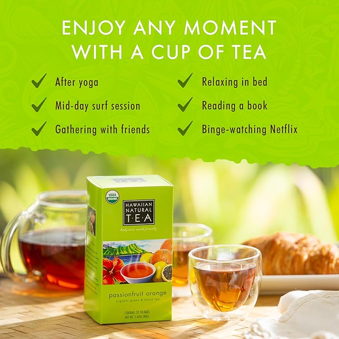 Hawaiian Natural Tea Passion Fruit Orange Flavored Organic Tea - Tropical Fruit Green Tea Blend with Black Tea - Perfect Daily Cup & Gift for Tea Lovers - 120 Tea Bags - Bloomnest