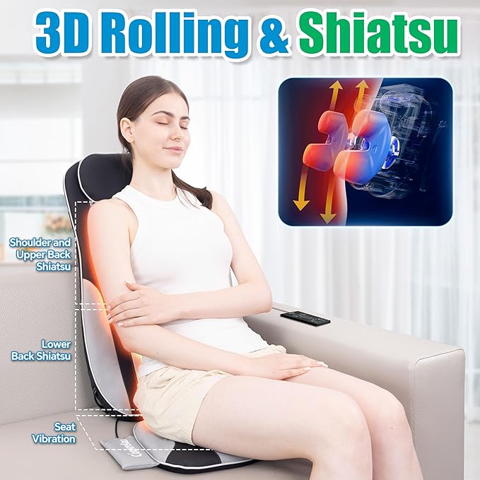 Shiatsu Back Massager with Heat, Massager Chair Pad for Pain Relief Deep Tissue with Smart Timer, Kneading Seat Cushion Vibration for Office, Home, and Travel Use - Bloomnest