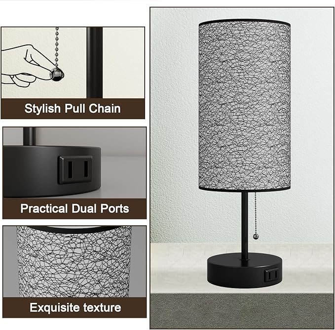 Table Lamp for Bedroom,Nightstand Lamp for Bedside with AC Outlets,Adjustable 3color LED Light Desk Lamp for Home Decor,Included Bulb and Lamp Shade (Black-OnlyAC, 2PCS) - Bloomnest