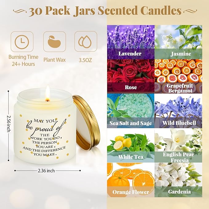 Roowest 30 Pcs Thank You Candles Bulk Employee Appreciation Candle Jars 3.5 oz Scented Soy Inspirational Business Office Favor for Teacher Nurse Coworker(Fresh Scents Style) - Bloomnest