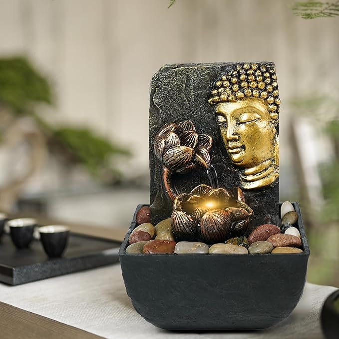 Ferrisland Tabletop Buddha & Lotus Waterfall Fountain with LED Light, Perfect for Zen Home & Office Decor(Gold) - Bloomnest