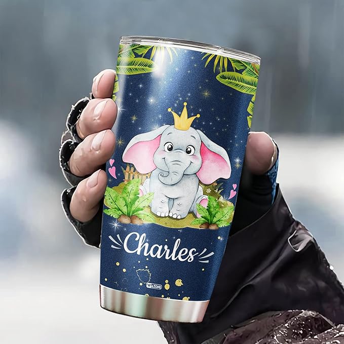 WAZONE Personalized Elephant Tumbler Customize Name Double Wall Vacuum Insulated Cup With Lid 20oz 30oz Funny Coffee Travel Mug Birthday Christmas Thing Gifts For Kids Girl Boy Animal Lovers - Bloomnest