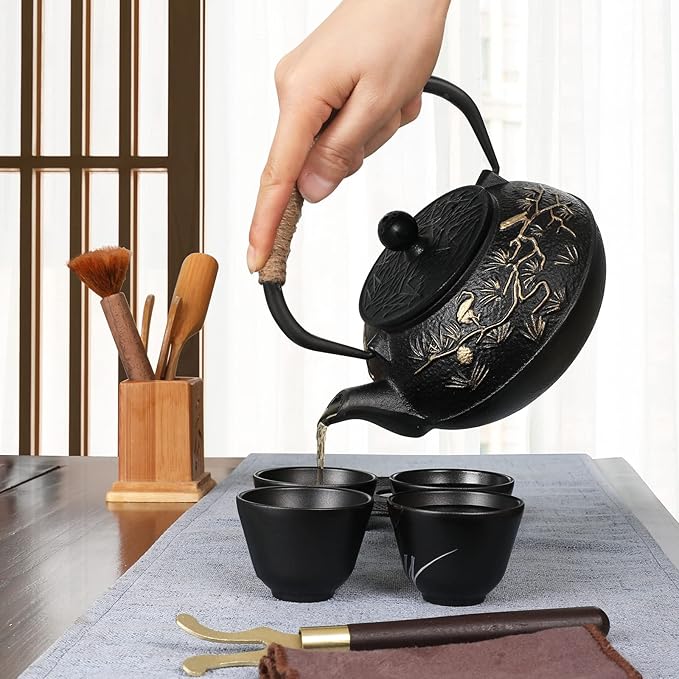 RekRang Longevity Crane Cast Iron Teapot, Japanese Style Tetsubin Tea Kettle with 4 Cups, Removable Infuser and Trivet, Antique Cast Iron Tea Set for Stove, 800ml, 28Ounce - Bloomnest