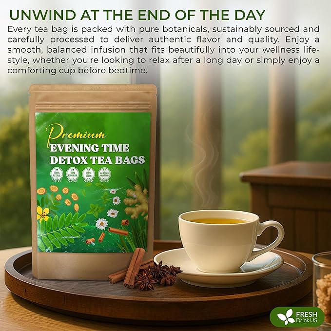 FreshDrinkUS, Evening Time Detox Herbal Tea – 30 Tea Bags – Caffeine-Free Blend with Senna, Peppermint, Chamomile, Licorice, Ginger, Reishi Mushroom – Relaxing Herbal Infusion – Non-GMO & Natural - Bloomnest