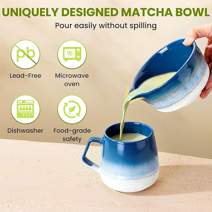 Matcha Whisk Set, Ceramic Matcha Set, Matcha Bowl, Matcha Whisk and Holder, Bamboo Scoop, Scoop Rest, Sifter and Tea Towel - 7 Pcs Matcha Kit for Lovers Family Birthday Gift (Blue) - Bloomnest