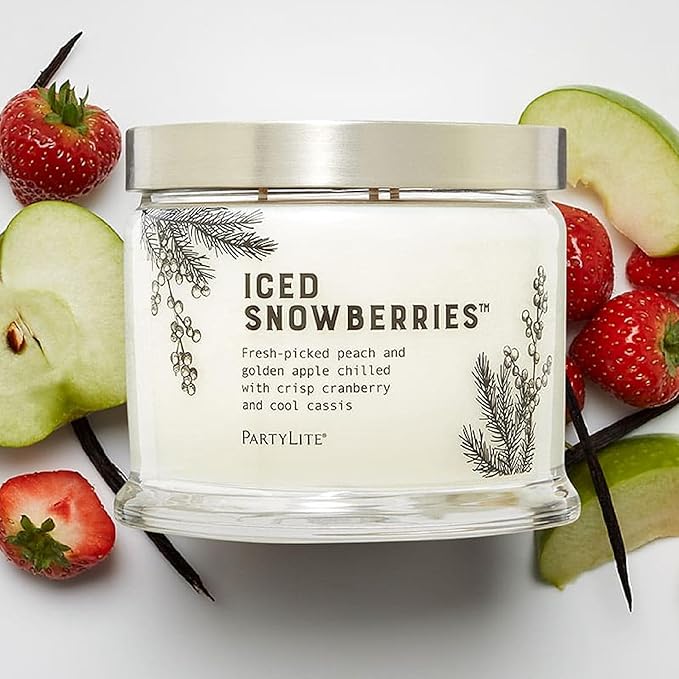 PartyLite Iced Snowberries Scented, Notes of Apple, Cassis, Cranberry, Peach, Strawberry, Berry, Vanilla & Musk,13.2oz 3-Wick Jar Candle, 45 Hour Burn Time, Luxurious Fragrance, Perfect for Gifting - Bloomnest