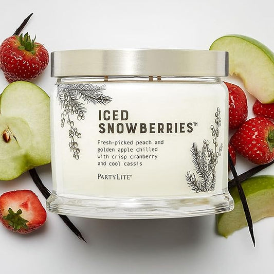 PartyLite Iced Snowberries Scented, Notes of Apple, Cassis, Cranberry, Peach, Strawberry, Berry, Vanilla & Musk,13.2oz 3-Wick Jar Candle, 45 Hour Burn Time, Luxurious Fragrance, Perfect for Gifting - Bloomnest