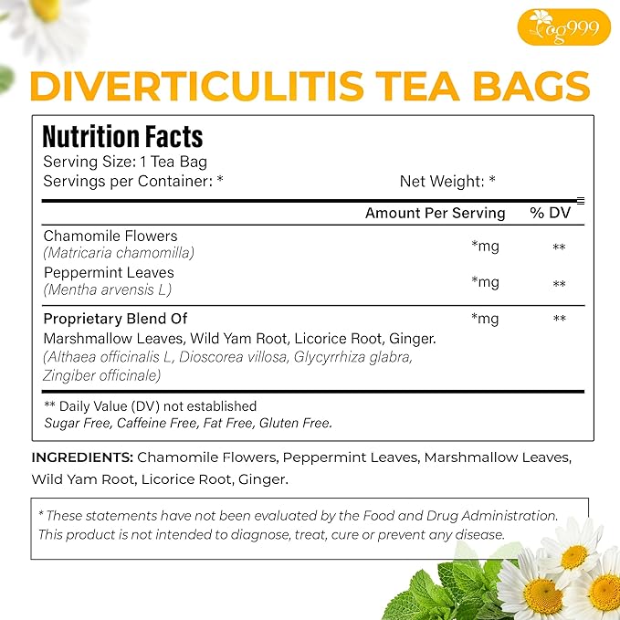 TOG999, Diverticulitis Tea Bags | 80 Count | 100% Natural Chamomile, Peppermint, Marshmallow Leaf, Wild Yam Root, Licorice & Ginger Herbal Blend – Caffeine-Free Comfort Tea, Vegan. - Bloomnest