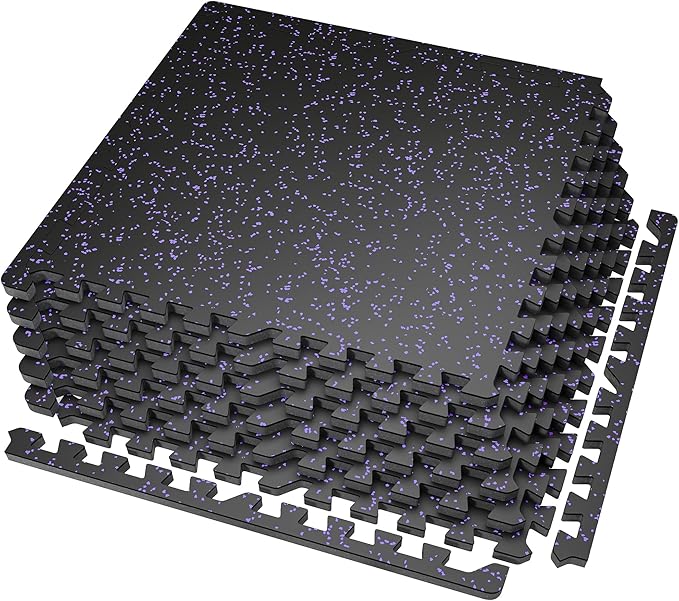 SUPERJARE 0.56'' Thick 6 Pcs 24 Sq Ft Rubber Top Exercise Equipment Mats, High Density EVA Foam Mats with Rubber Top, Interlocking Gym Flooring for Home Gym, Protective Workout Mat, Black/Purple - Bloomnest