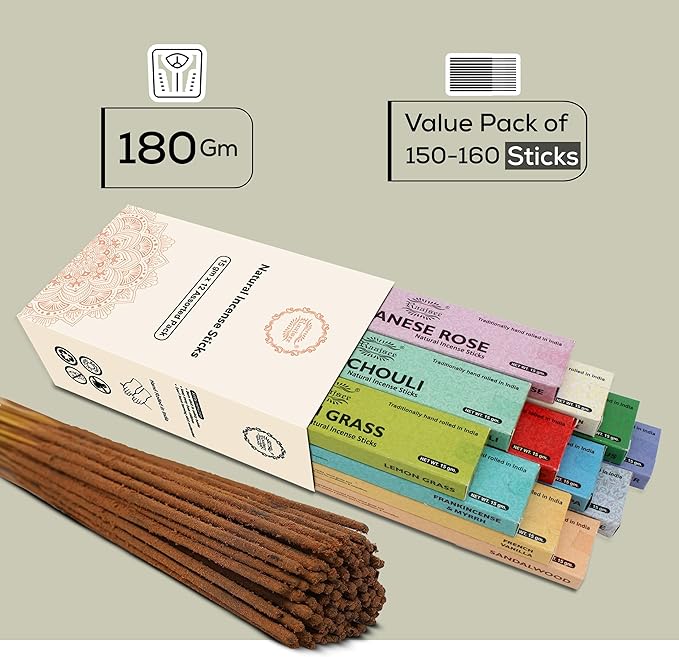 raajsee Incense Sticks Assorted Pack (180 gm), 100% Pure Organic Natural Hand Rolled Free from Chemicals - Perfect for Aromatherapy, Cleansing, Meditation, and Church (12 Pack) - Bloomnest